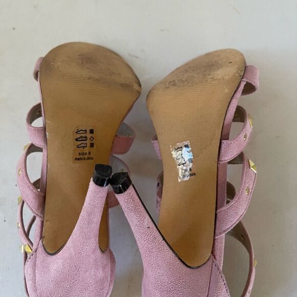 Michael Antonio light pink faux suede gladiator heels with gold tone studs SZ8 - Picture 2 of 13